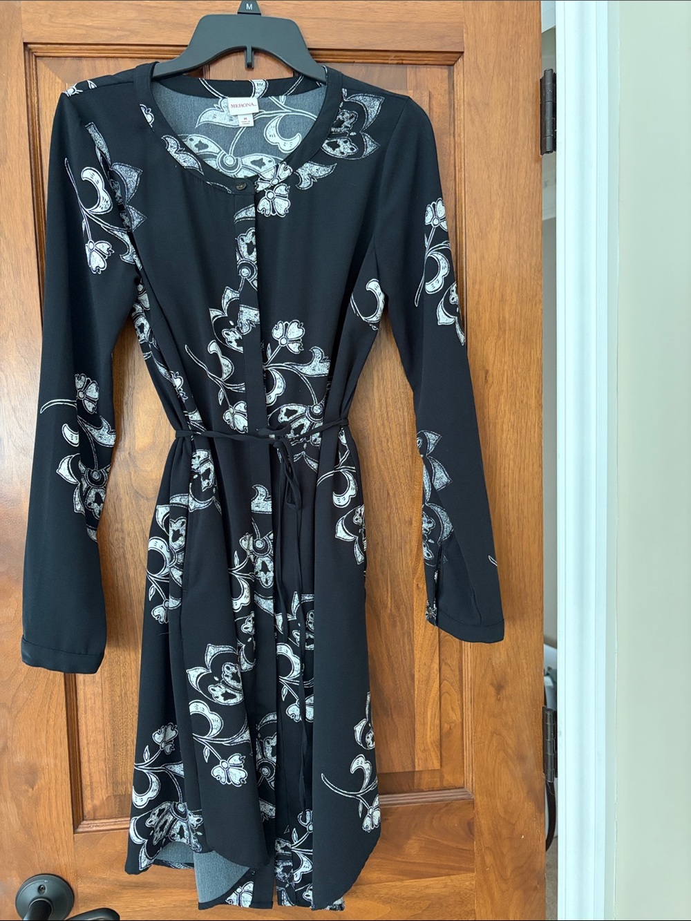Merona Black Long-Sleeve Floral Tie-Waist Dress